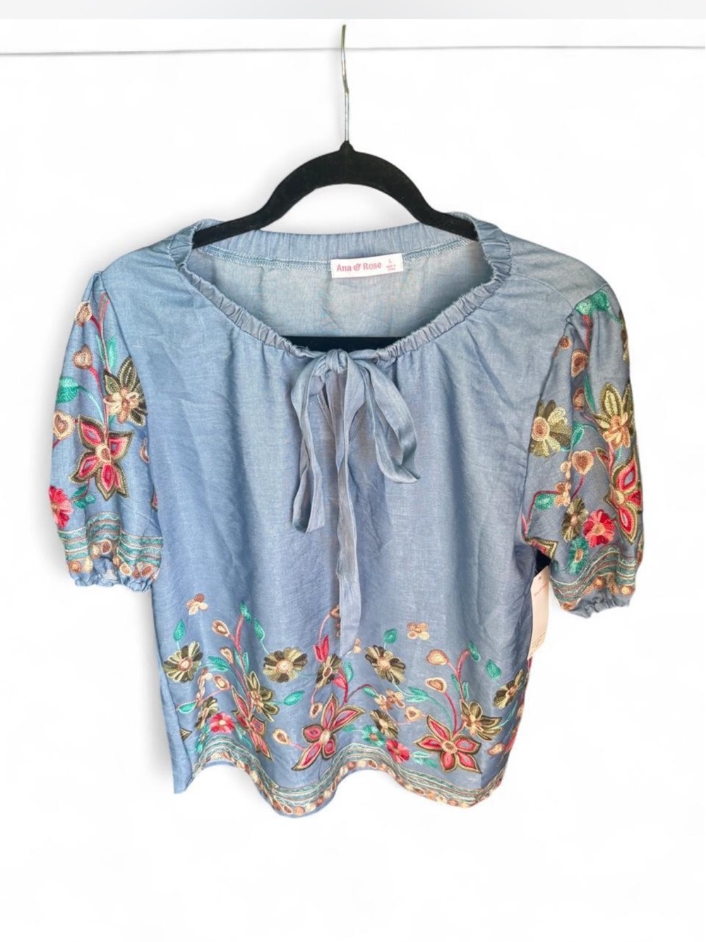 Cottagecore Romantic puff sleeve embroidered Peasant Blouse Top chambray blue L